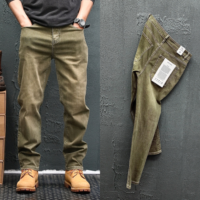 高端靓染废墟黄直筒牛仔裤男