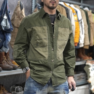 美式猎装版复古拼接工装长袖衬衫男春季潮牌宽松痞帅休闲宽松衬衣