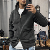 500克重加绒加厚美式 复古卫衣男双拉链连帽开衫 外套复古机车上衣