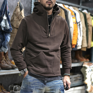 500G重磅美式半拉链卫衣男秋冬季连帽加绒加厚保暖厚实工装外套男