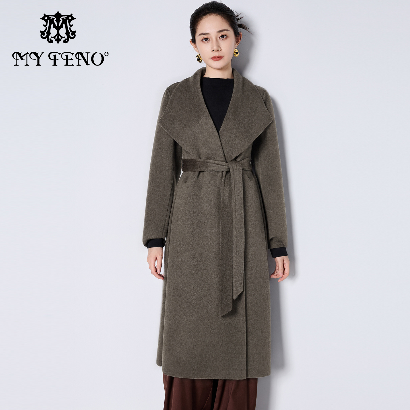 马天奴灰咖翻乐长款羊毛呢大衣