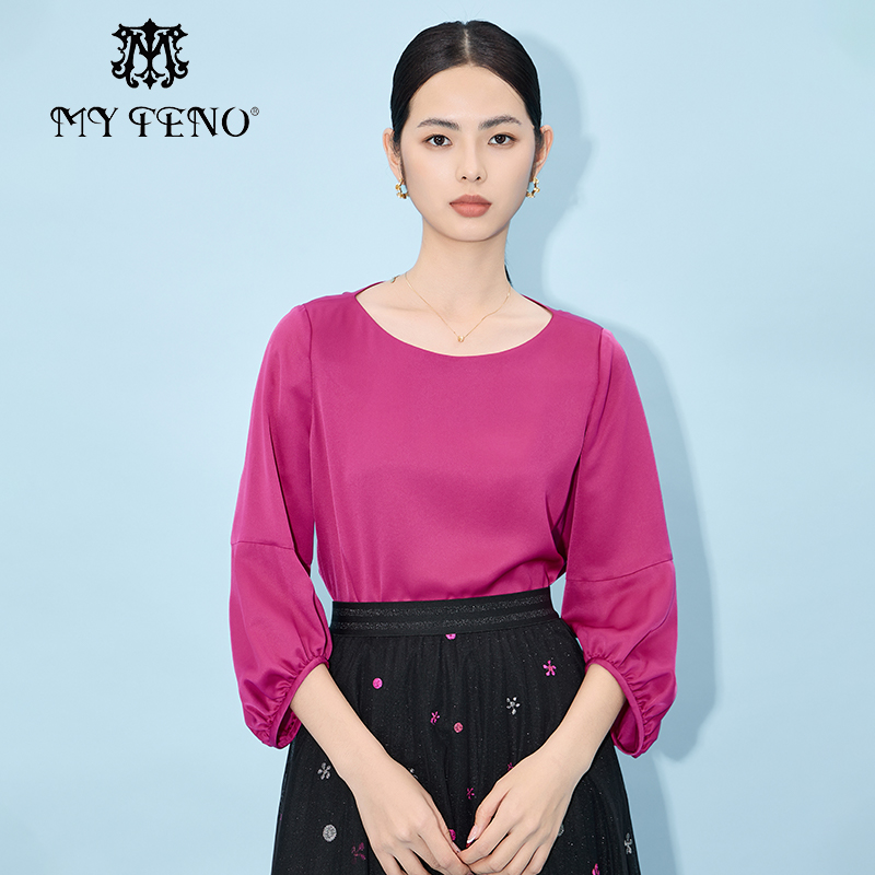 马天奴玫红色圆领灯笼袖上衣