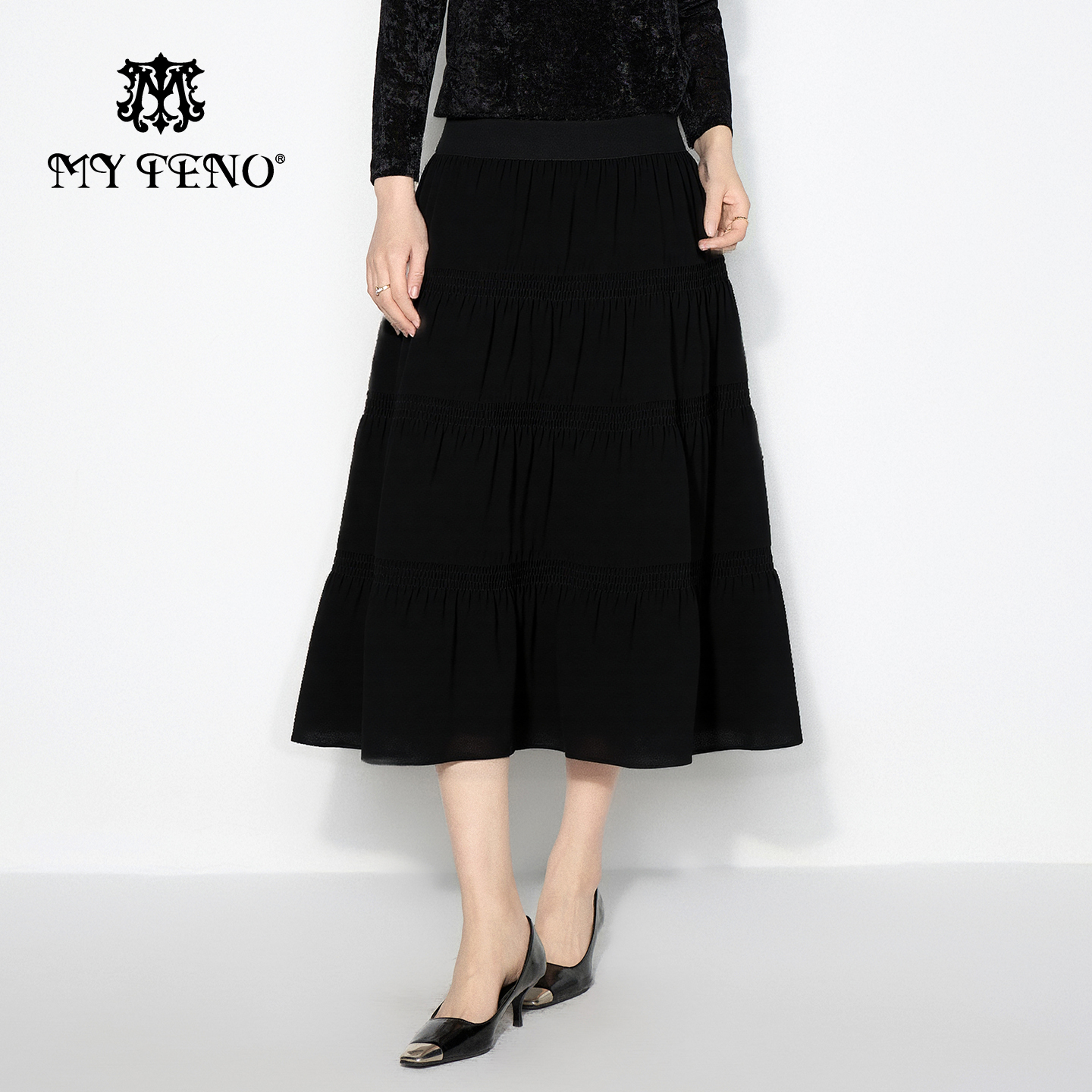 马天奴黑色高腰拼接蛋糕半身裙