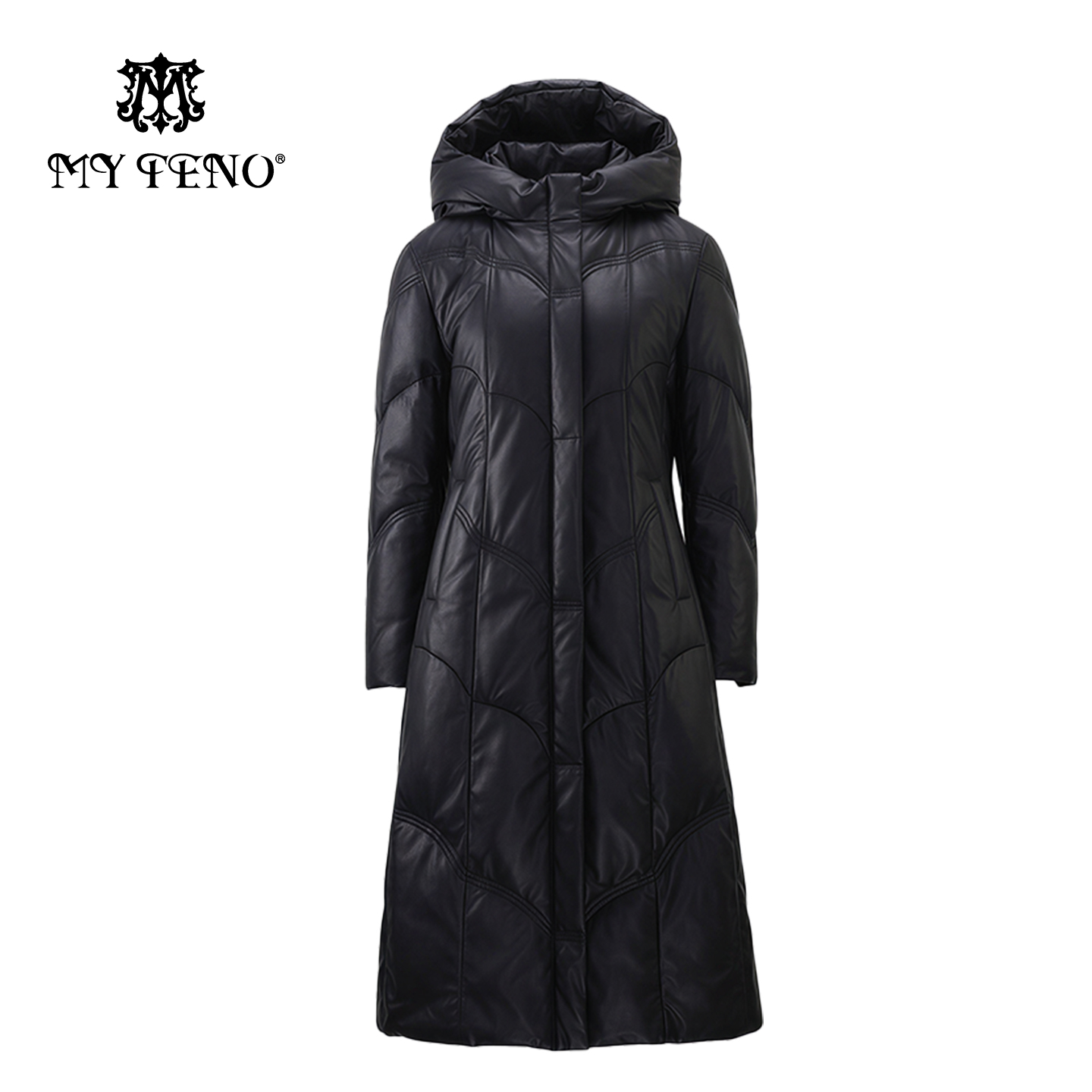 马天奴黑色连帽绵羊皮鹅绒服