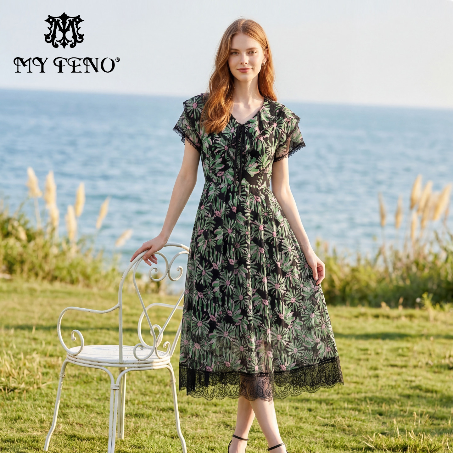 马天奴黑色印花收腰长款连衣裙