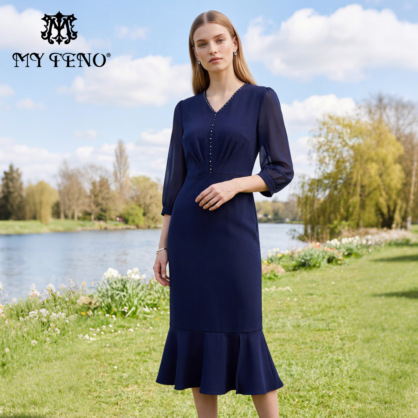 马天奴2025夏季新款紫色修身V领钉珠连衣裙子鱼尾裙垂感时尚气质,女装/女士精品,连衣裙,淘宝优惠券,粉丝福利购,淘宝优惠卷