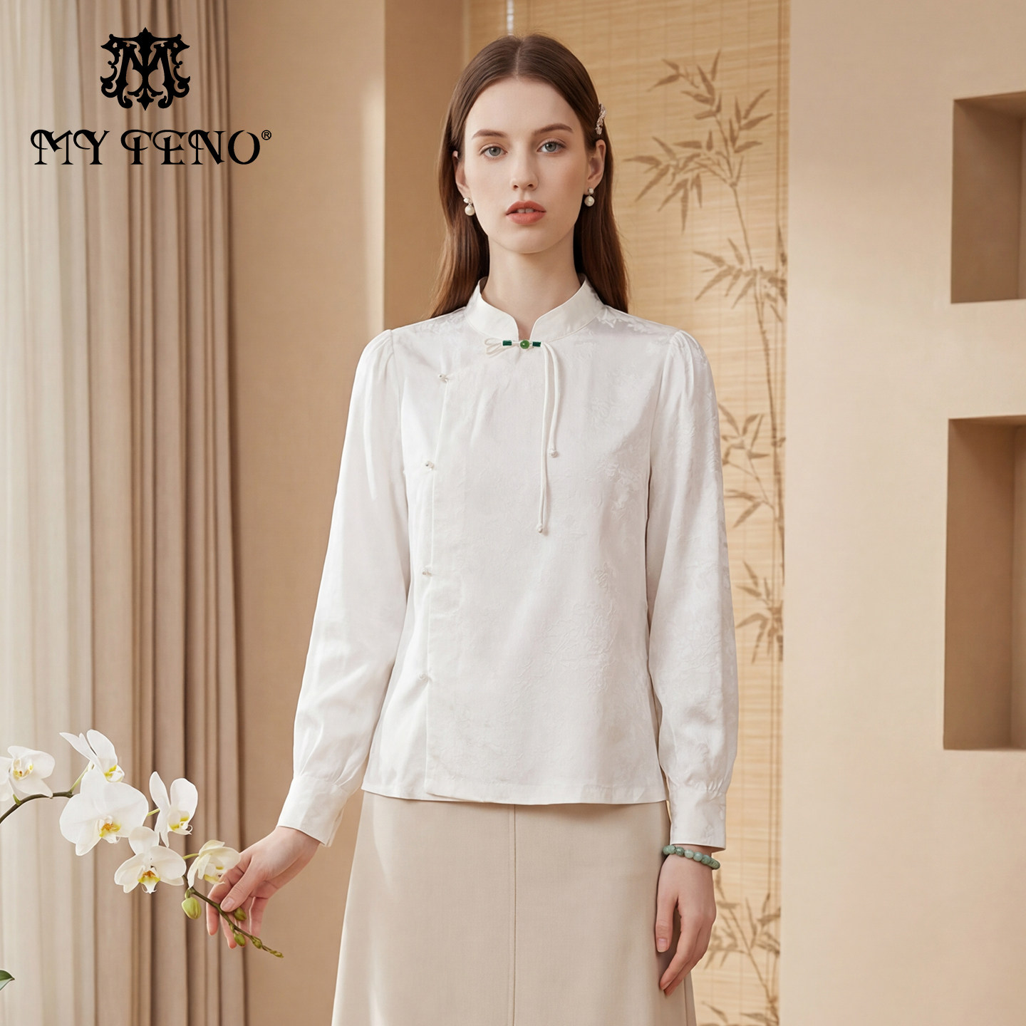 马天奴2026春夏新款白色提花立领长袖上衣新中式衬衫衬衣国风气质