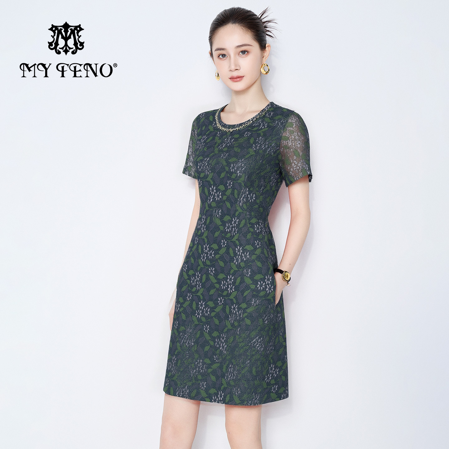 马天奴绿色印花圆领短袖连衣裙