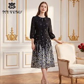 新款 专柜正品 马天奴2025秋季 蓝色印花连衣裙子收腰系带圆领气质女