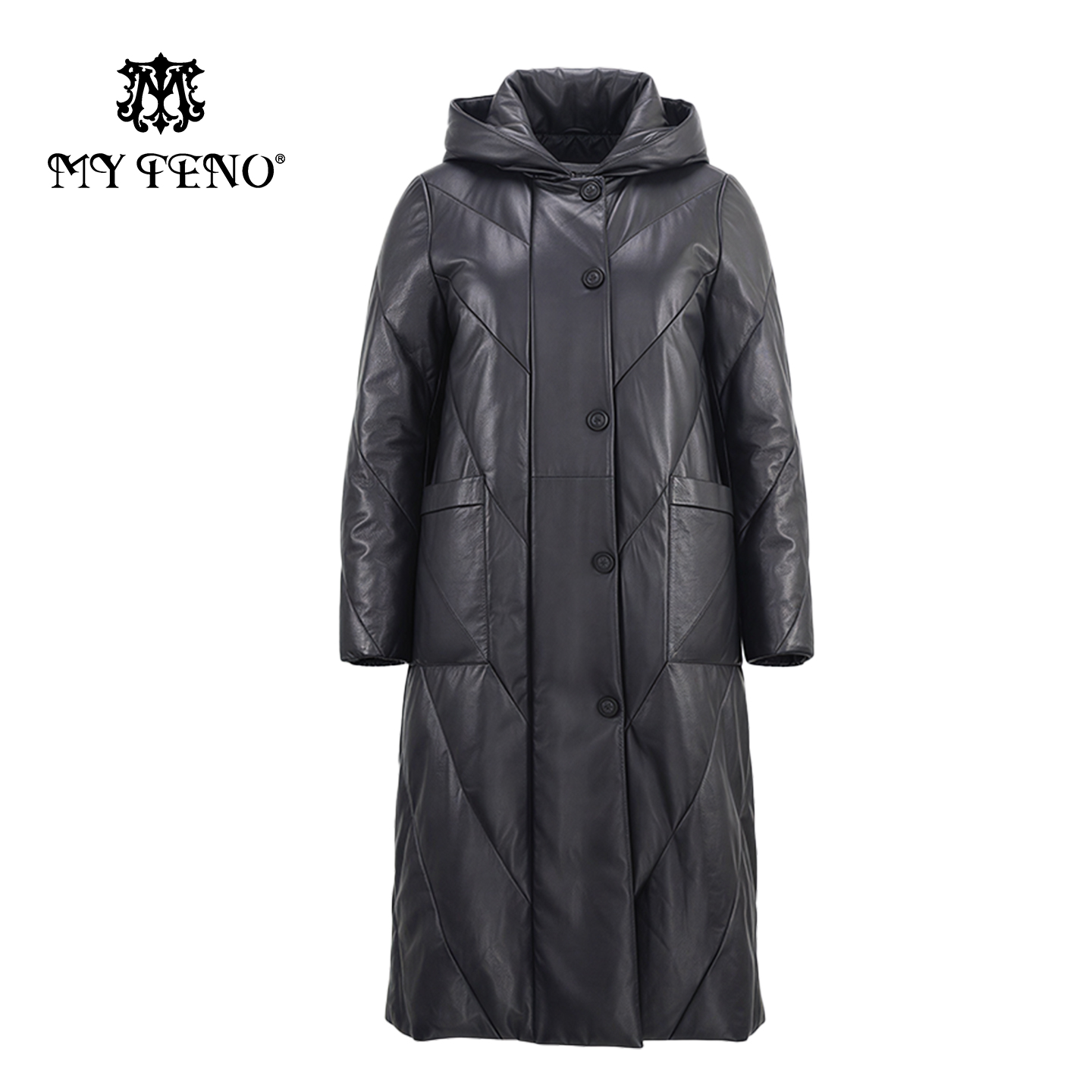 马天奴2025新款黑色连帽绵羊皮羽绒服白鹅绒保暖长款外套时尚百搭