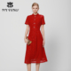 红色蕾丝连衣裙子立领收腰短袖 专柜正品 马天奴秋冬新款 复古气质女