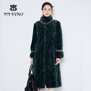 马天奴2025秋冬新款 外套奢华复古 绿色立领珠链水貂毛皮草大衣长款