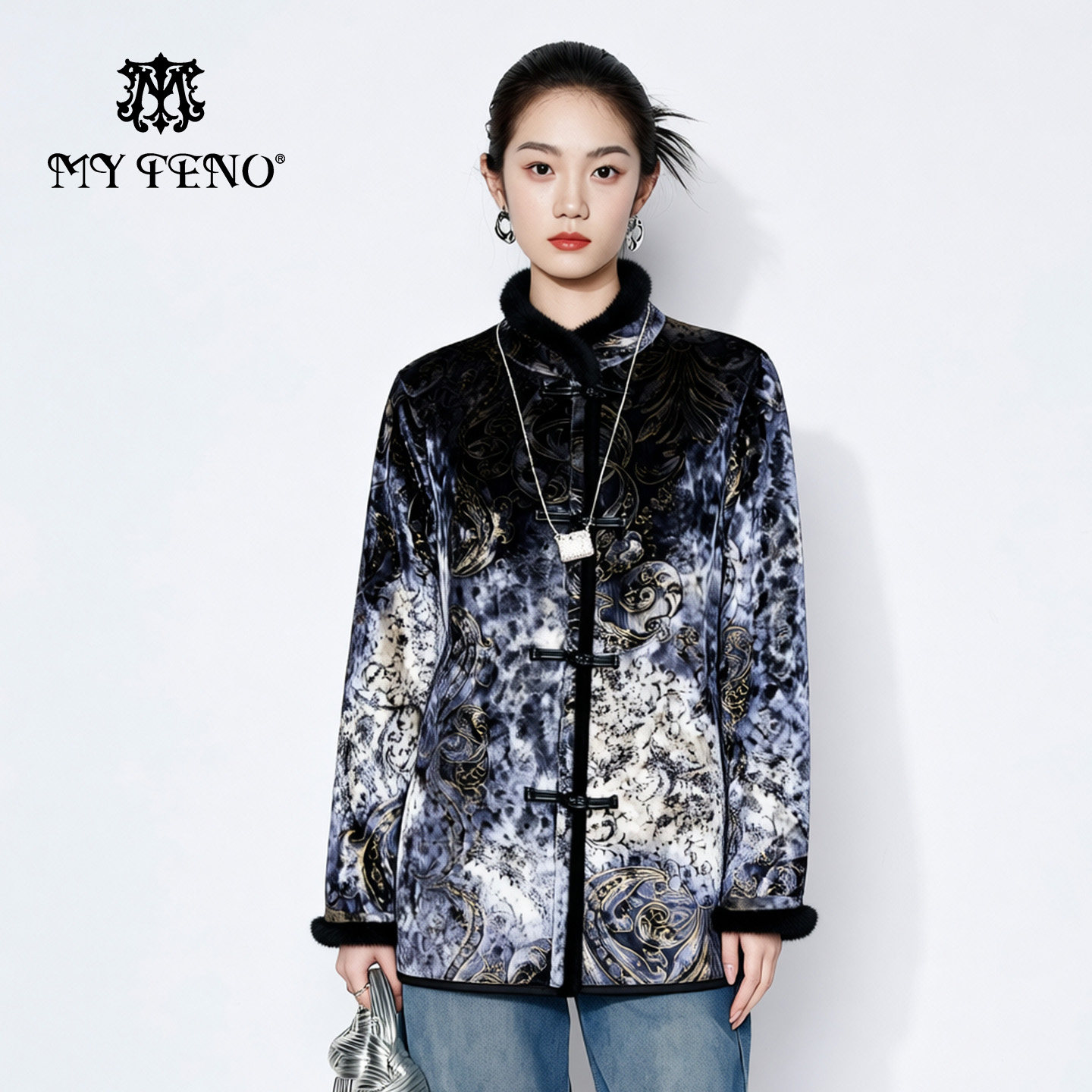 马天奴2025新款银蓝色印花金貂绒外套新中式盘扣立领加绒保暖时尚,女装/女士精品,皮草,淘宝优惠券,粉丝福利购,淘宝优惠卷