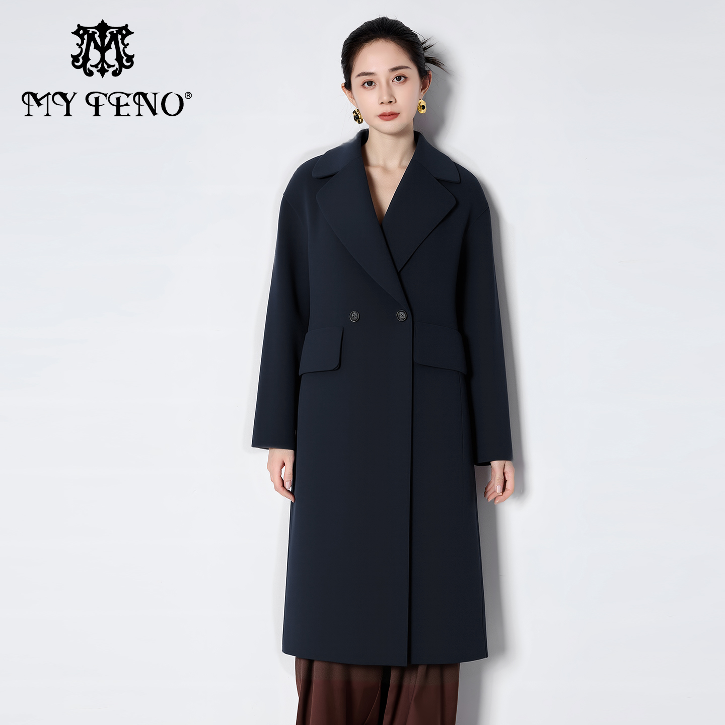 马天奴灰色翻领羊毛呢大衣外套