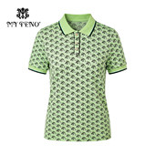 马天奴2026夏新款 百搭气质女 时尚 果绿印花翻领短袖 上衣T恤POLO衫