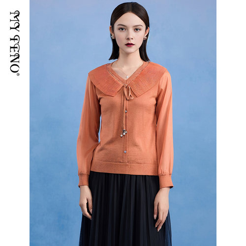 马天奴橙色V领系带针织衫