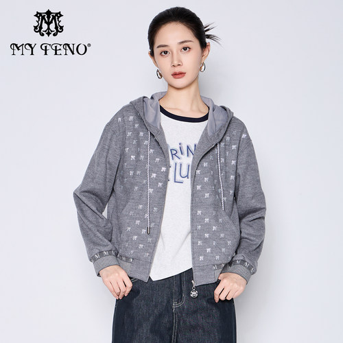 马天奴灰色绵羊毛连帽拉链外套