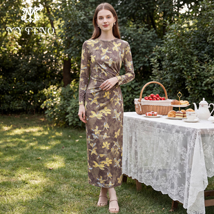 气质长裙女 棕色印花圆领连衣裙子捏褶修身 官方正品 马天奴春秋新款