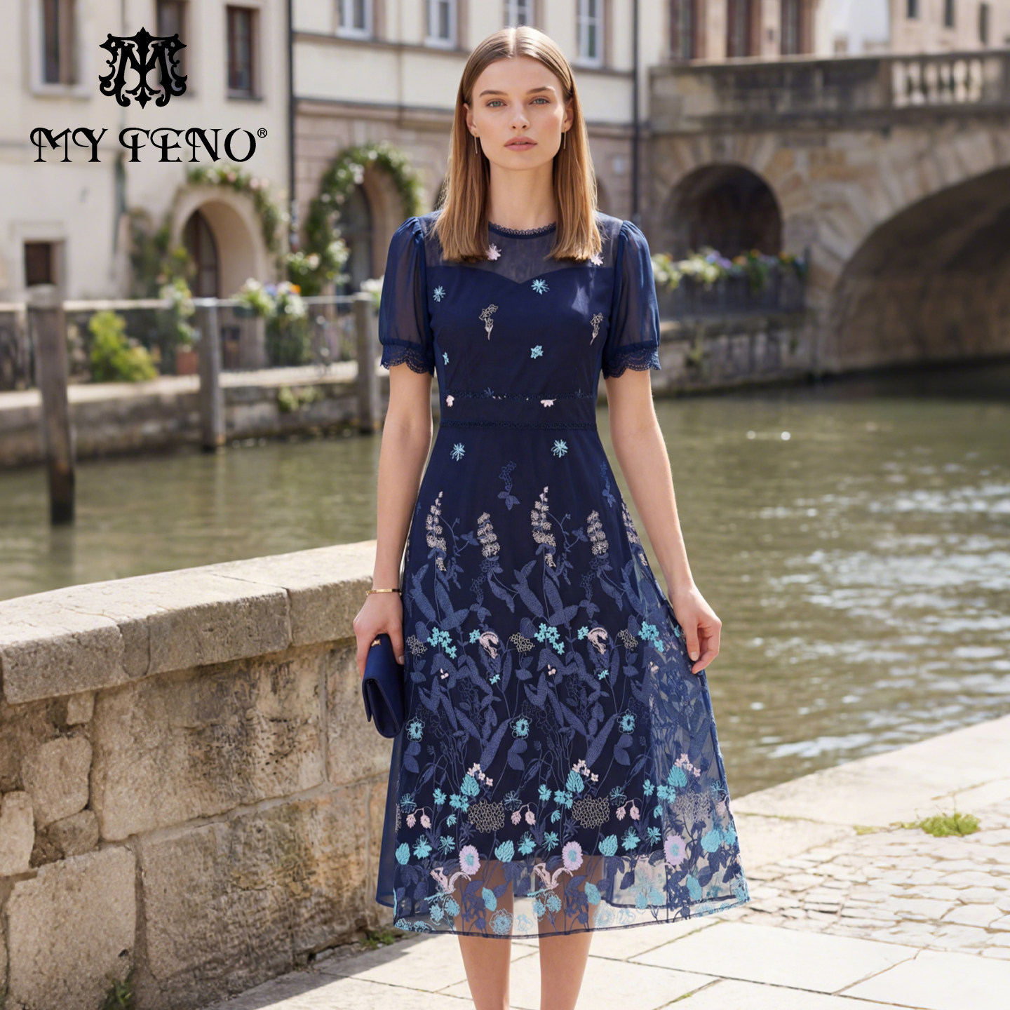 马天奴夏季新款蓝色绣花网布连衣裙子短袖收腰长裙气质女洋气时尚,女装/女士精品,连衣裙,淘宝优惠券,粉丝福利购,淘宝优惠卷