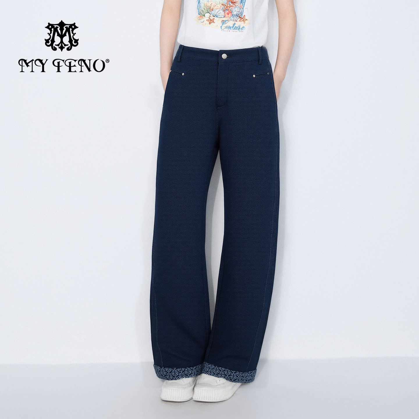 马天奴2025秋冬新款藏青色高腰直筒裤子长裤拼接印花休闲时尚女裤