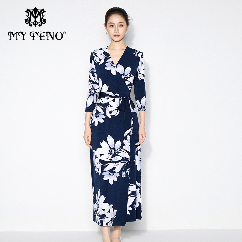 马天奴藏蓝印花修身V领连衣裙