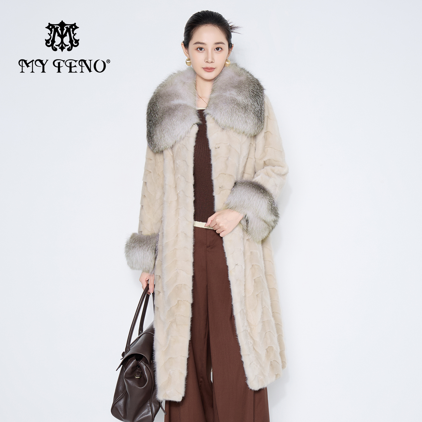 马天奴奶白毛领水貂毛皮草大衣