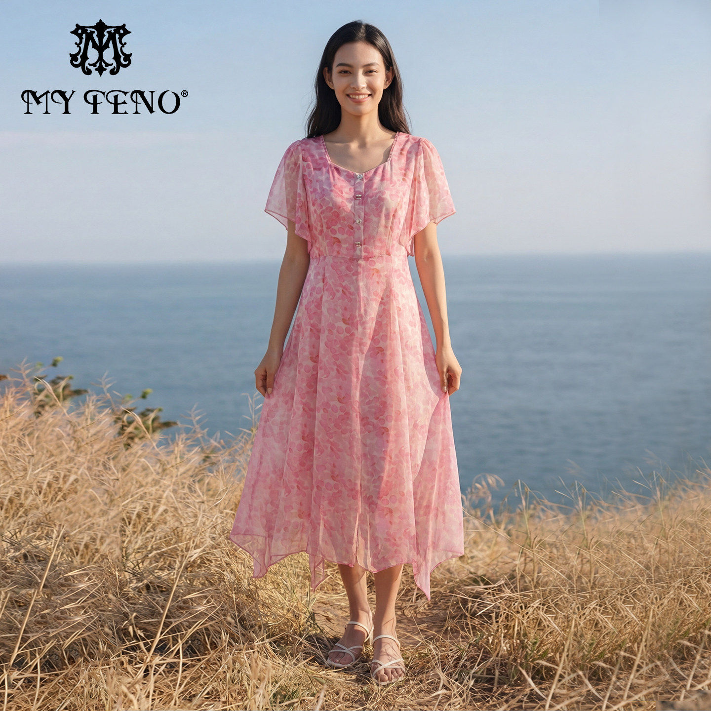 马天奴2026春夏新款粉色印花连衣裙子荷叶袖收腰长裙气质时尚度假,女装/女士精品,连衣裙,淘宝优惠券,粉丝福利购,淘宝优惠卷