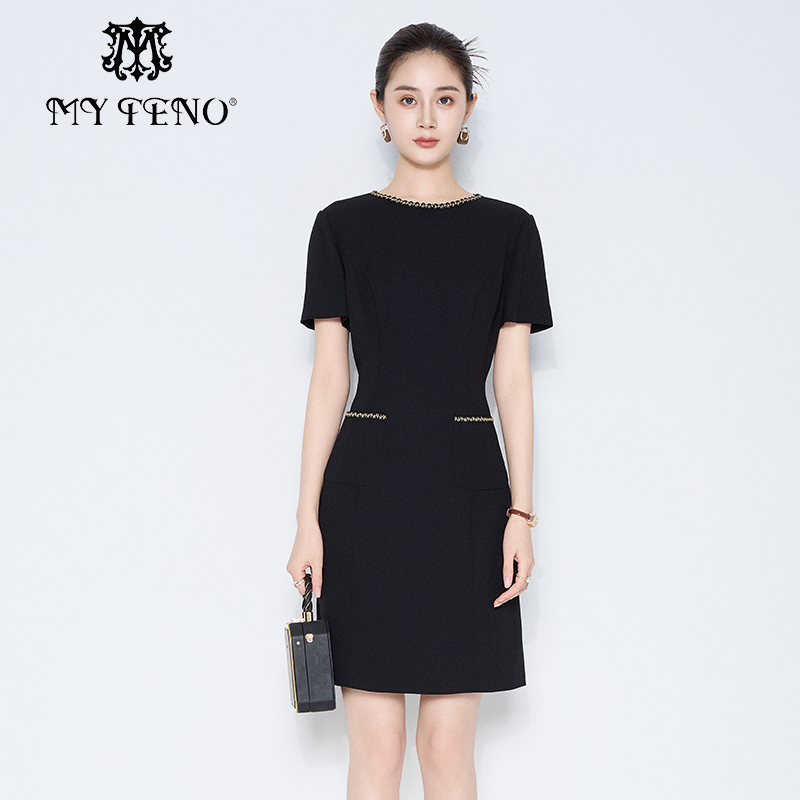 马天奴黑色醋纤混纺圆领连衣裙