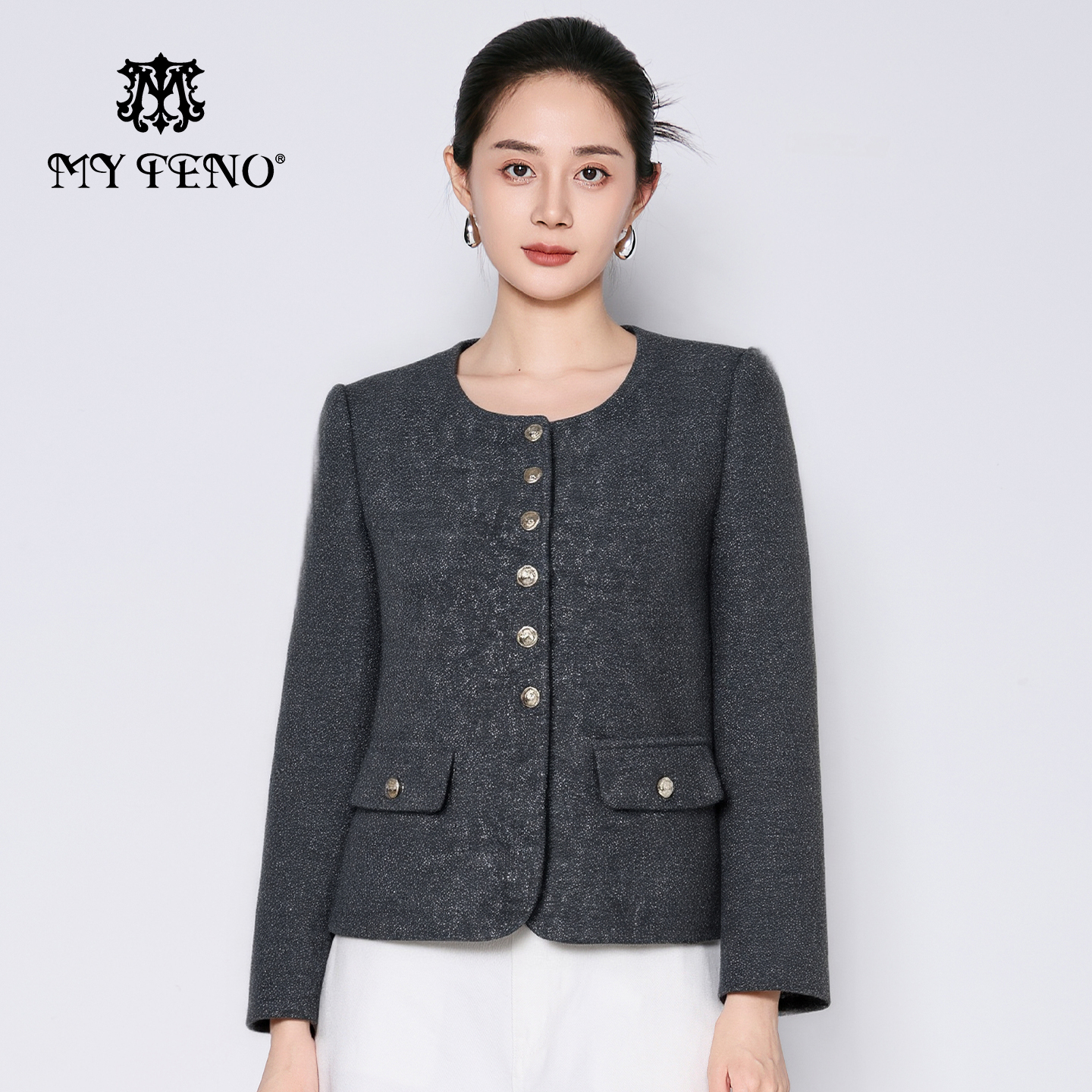 马天奴纯色小香风圆领短款外套