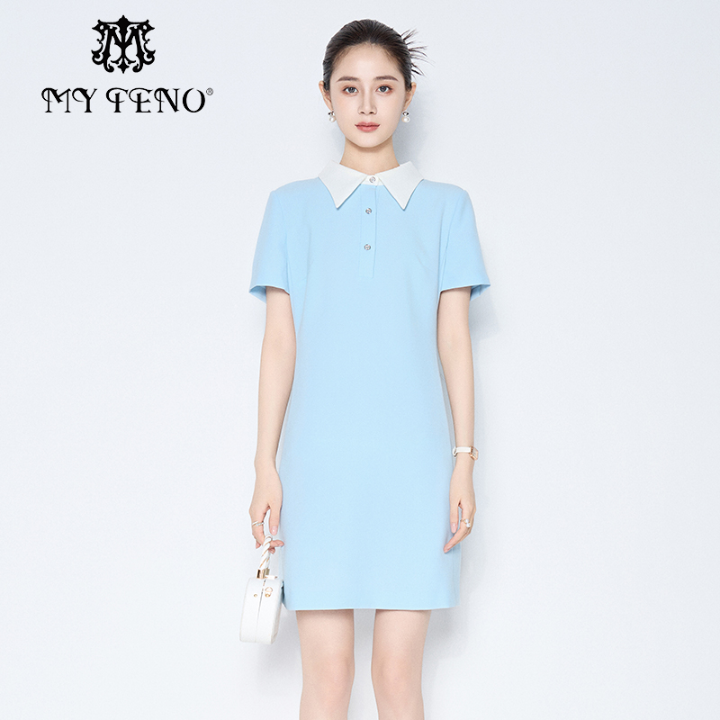 马天奴蓝色翻领短袖收腰连衣裙