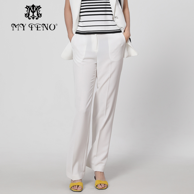 马天奴白色时尚直筒垂感西裤