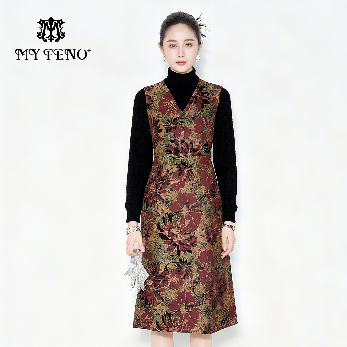 马天奴红色印花无袖皮革连衣裙