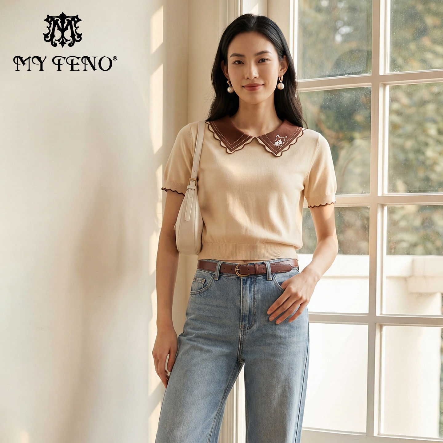 马天奴2026春夏新款杏色短袖针织衫拼色翻领小衫上衣气质时尚法式