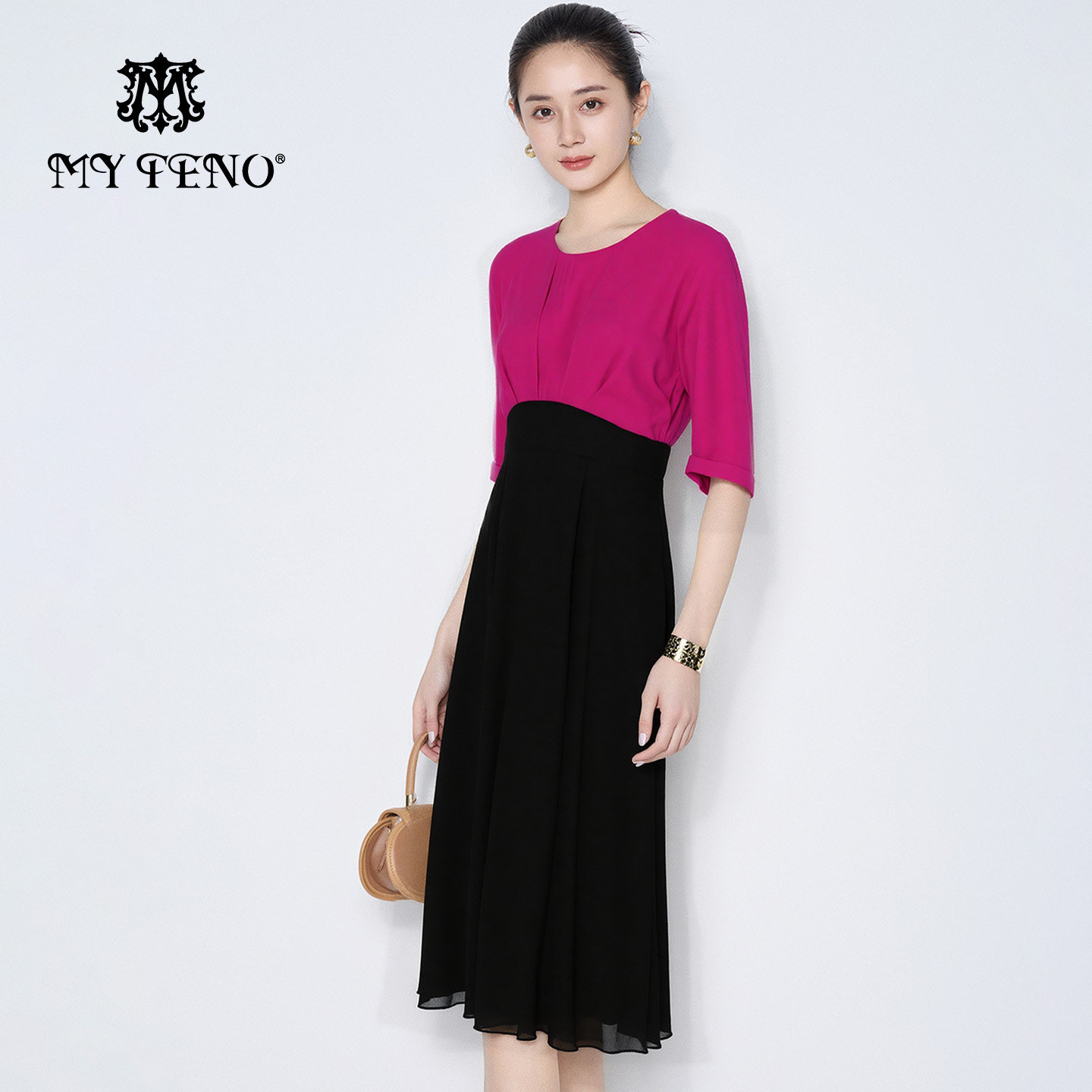 马天奴2025春夏新款撞色拼接连衣裙子收腰圆领短袖气质时尚流行女,女装/女士精品,连衣裙,淘宝优惠券,粉丝福利购,淘宝优惠卷