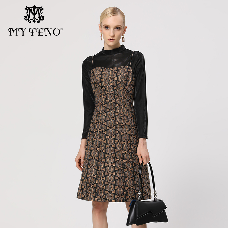 马天奴黑色假两件提花连衣裙