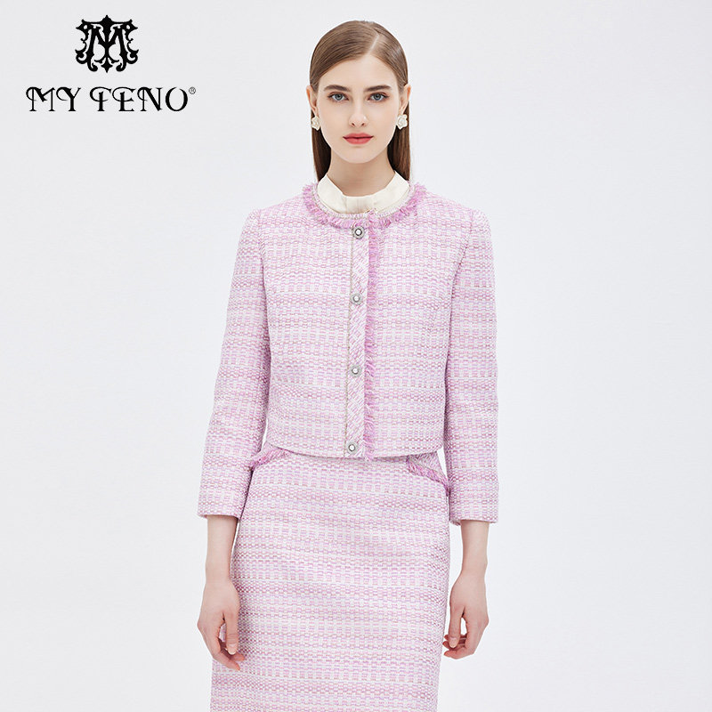 专柜正品马天奴秋冬粉色花纱短款小香风外套肌理感时尚气质女流行