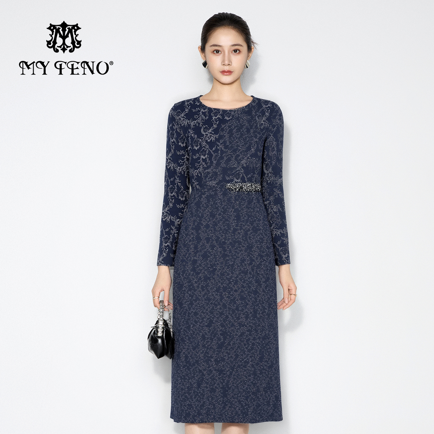 马天奴藏青印花圆领修身连衣裙