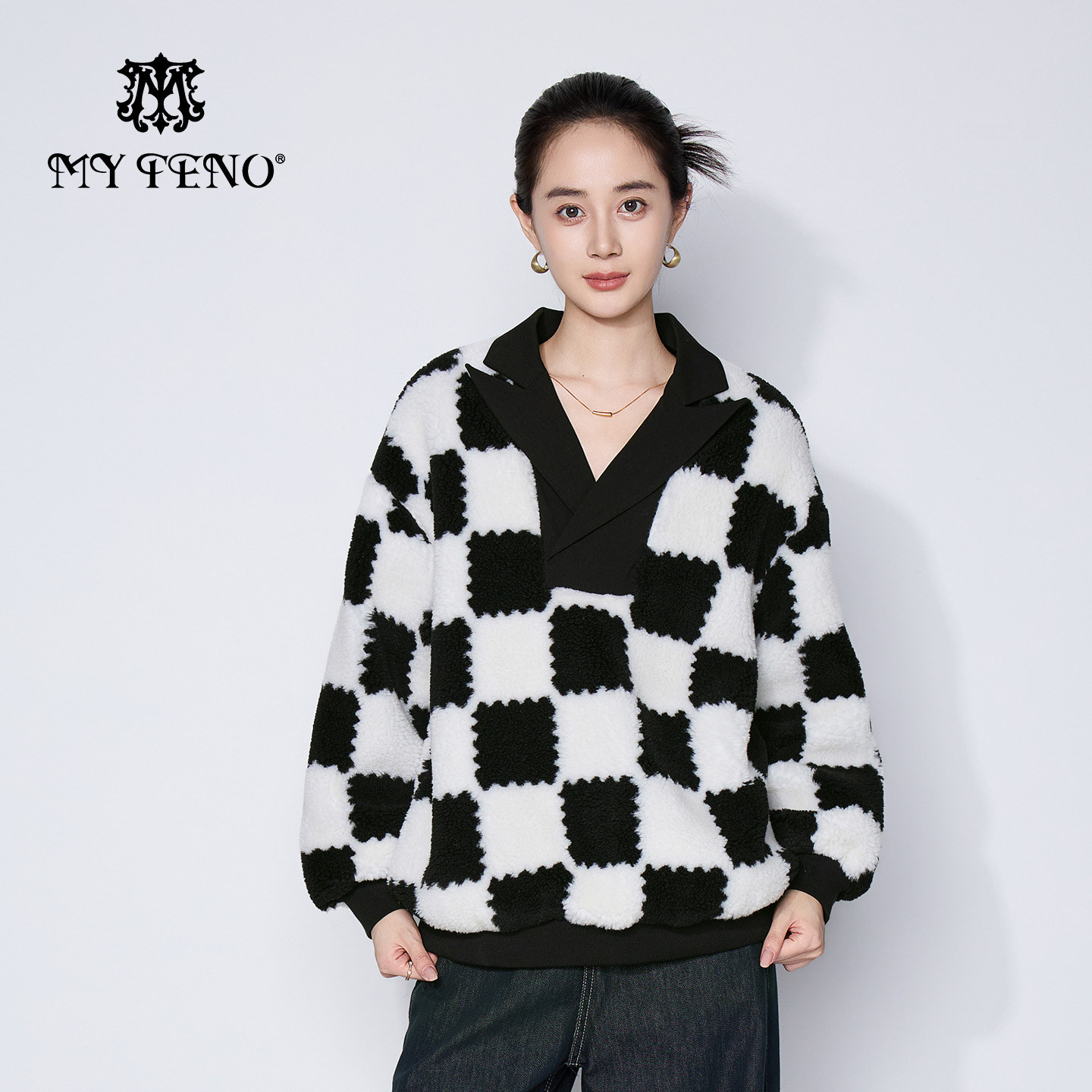 马天奴翻领黑白格子摇粒绒卫衣