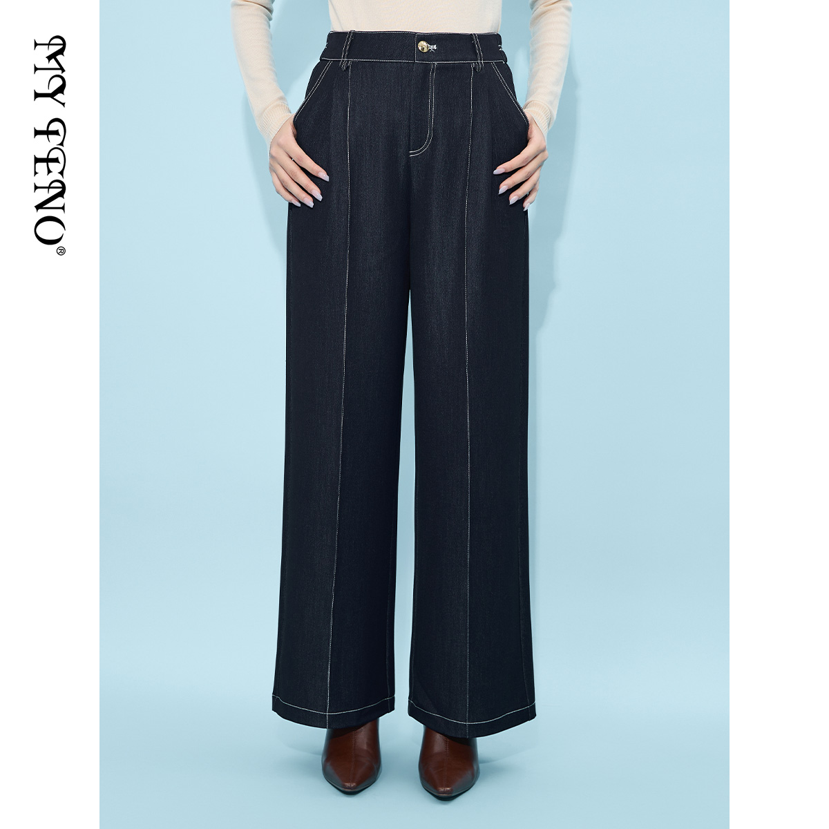 马天奴2025春夏新款宝蓝色高腰直筒宽松阔腿裤休闲牛仔裤子女长裤