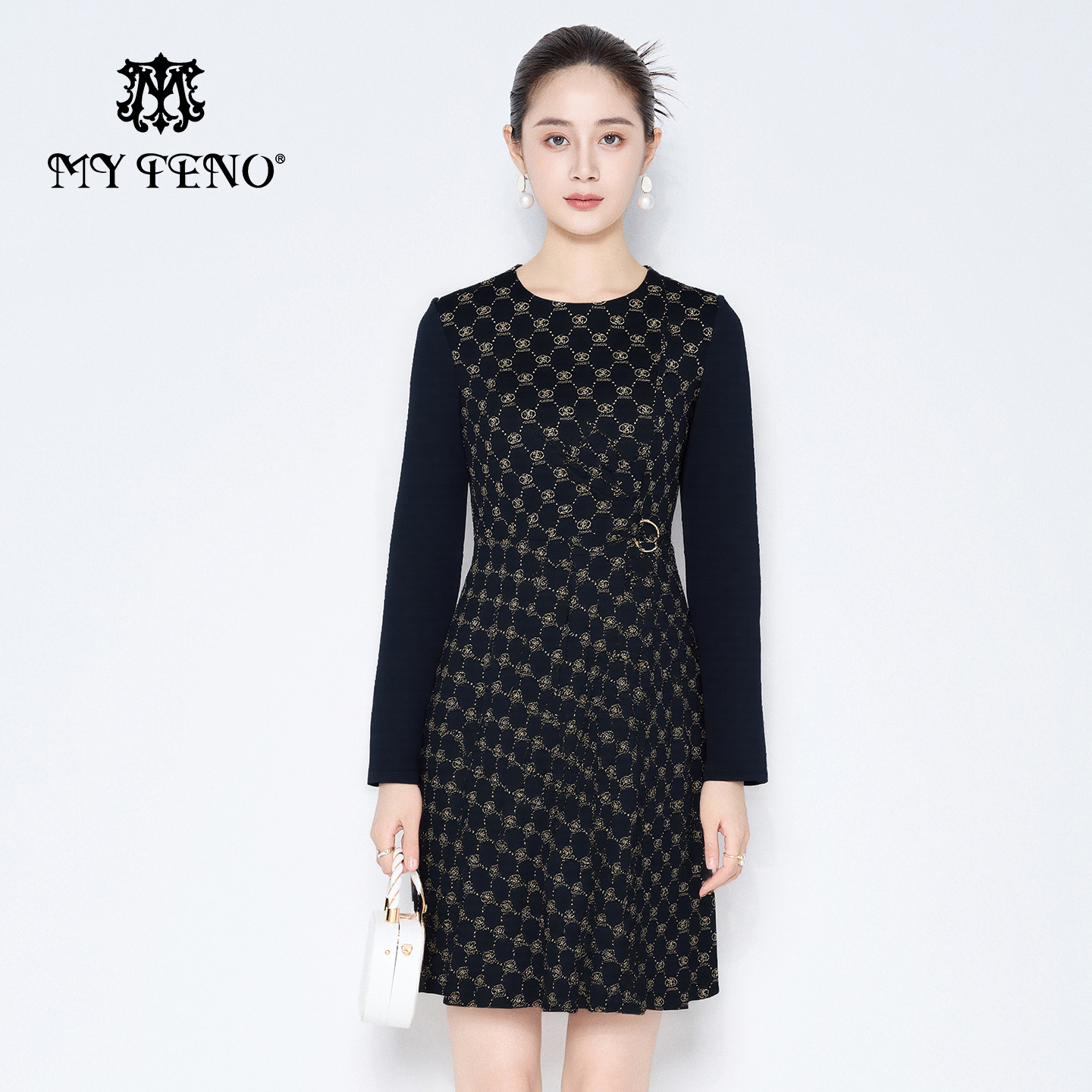 马天奴藏青印花收腰长袖连衣裙