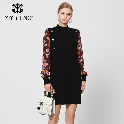 马天奴黑色羊毛混纺印花连衣裙