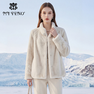 金貂绒外套仿皮草轻奢保暖女装 马天奴女装 钻扣立领短款 新款 冬季