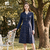连衣裙子气质时尚 马天奴2025秋冬新款 藏青提花V领收腰长袖 优雅女