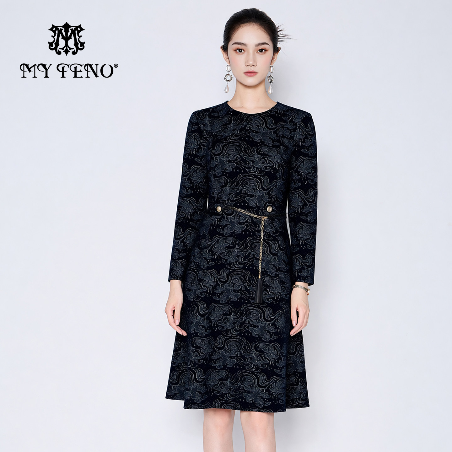 马天奴2025秋冬新款藏青色圆领收腰印花连衣裙子长袖气质时尚女装,女装/女士精品,连衣裙,淘宝优惠券,粉丝福利购,淘宝优惠卷