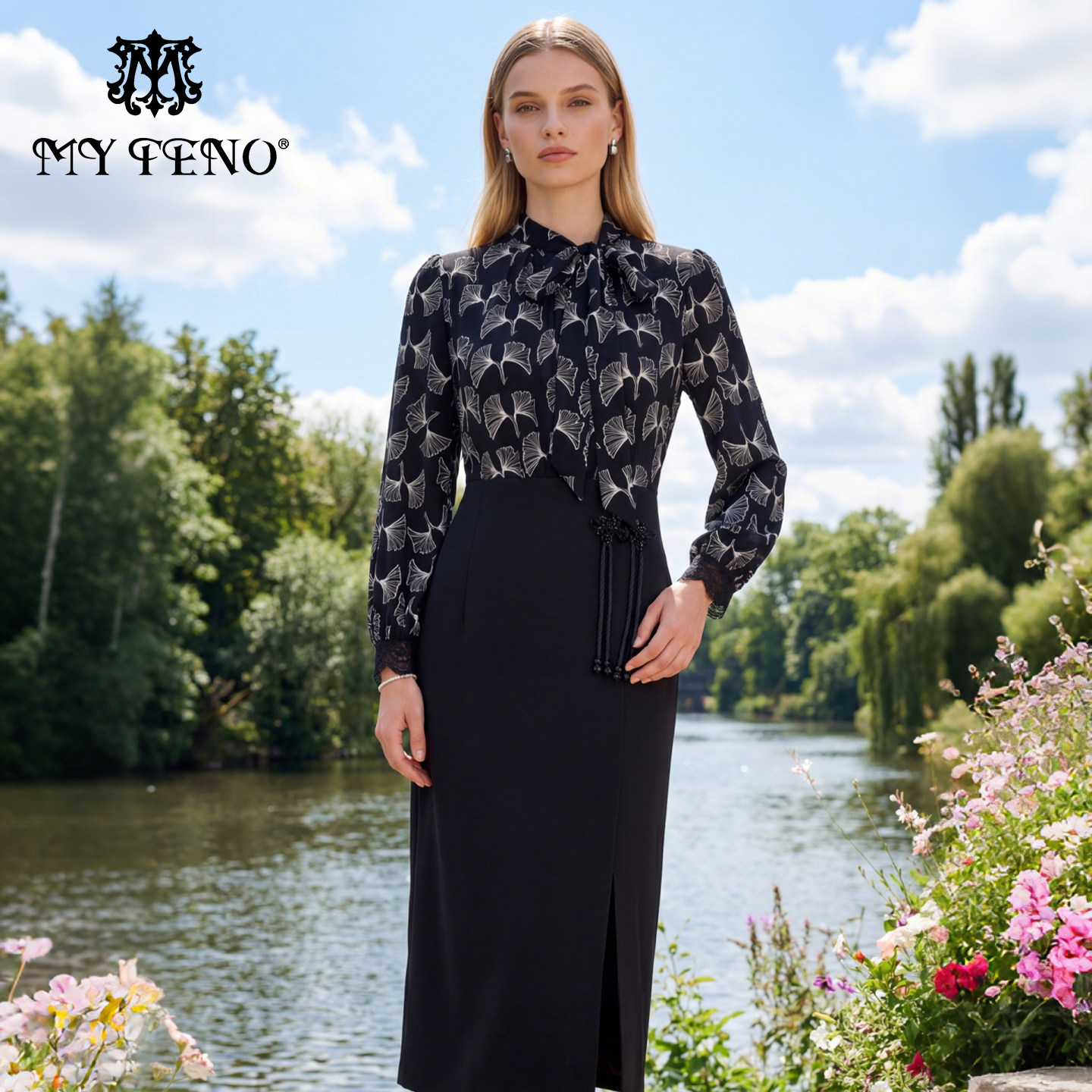 马天奴秋冬新款女装雪纺拼接连衣裙子中长裙子妈妈装收腰长袖气质