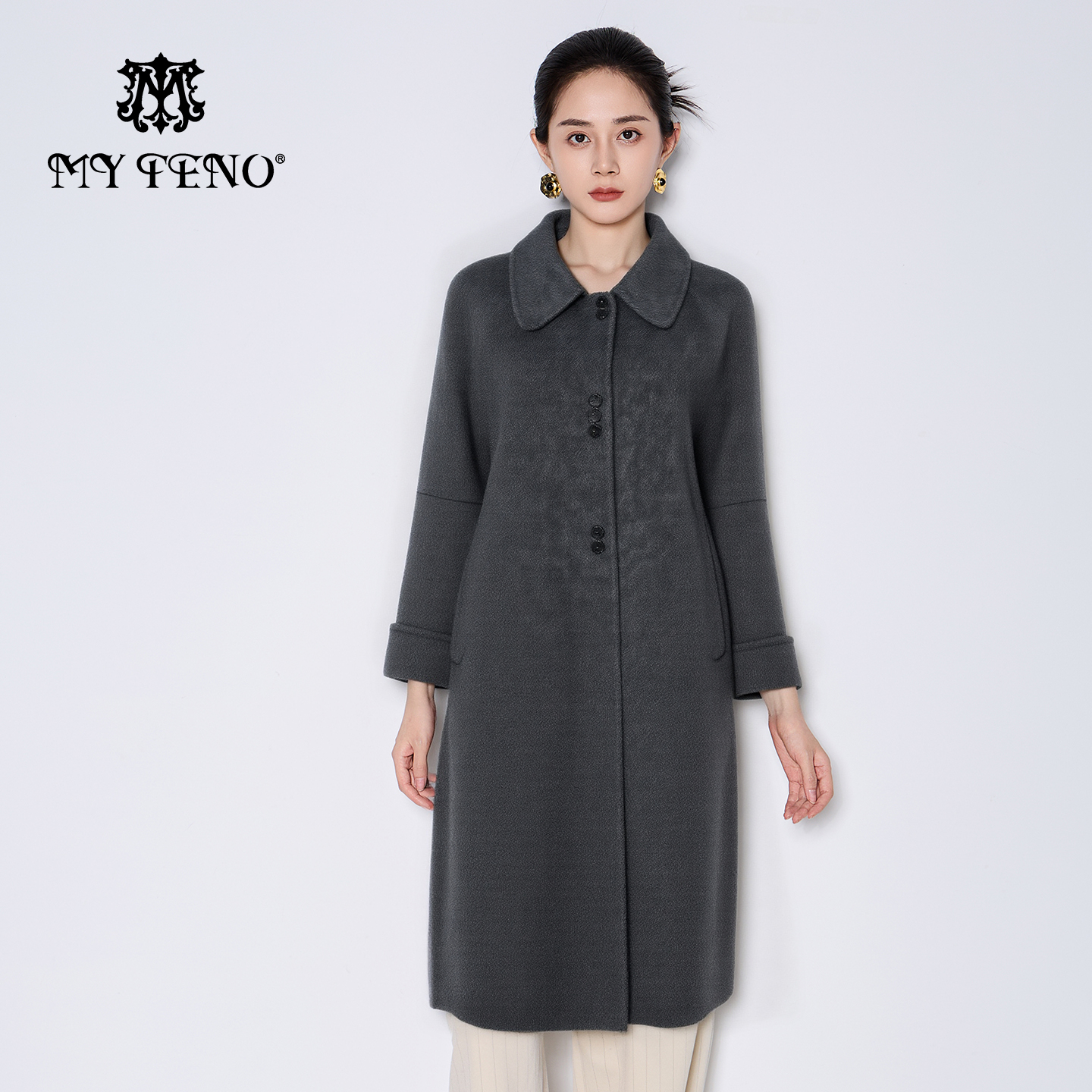 马天奴水墨灰长款绵羊毛呢大衣