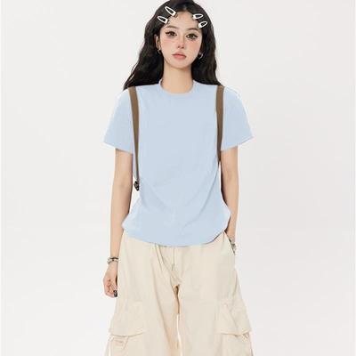 正肩浅蓝色短袖t恤女夏季2025新款修身短款甜辣风夏日绝美小上衣