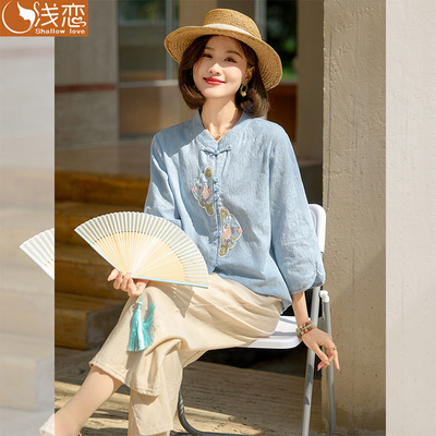 妈妈夏季洋气T恤中年女装夏装中式母亲节衣服中老年棉麻衬衫套装