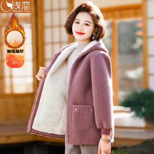 妈妈装洋派加绒加厚棉衣中年女装羊羔绒棉袄中老年秋冬装保暖外套