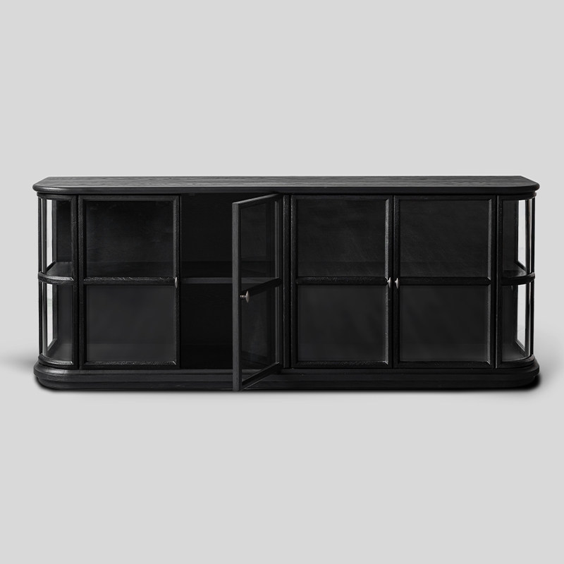 中古复古侘寂风弧形玻璃横柜装饰柜实木矮柜办公室文件柜家用储物